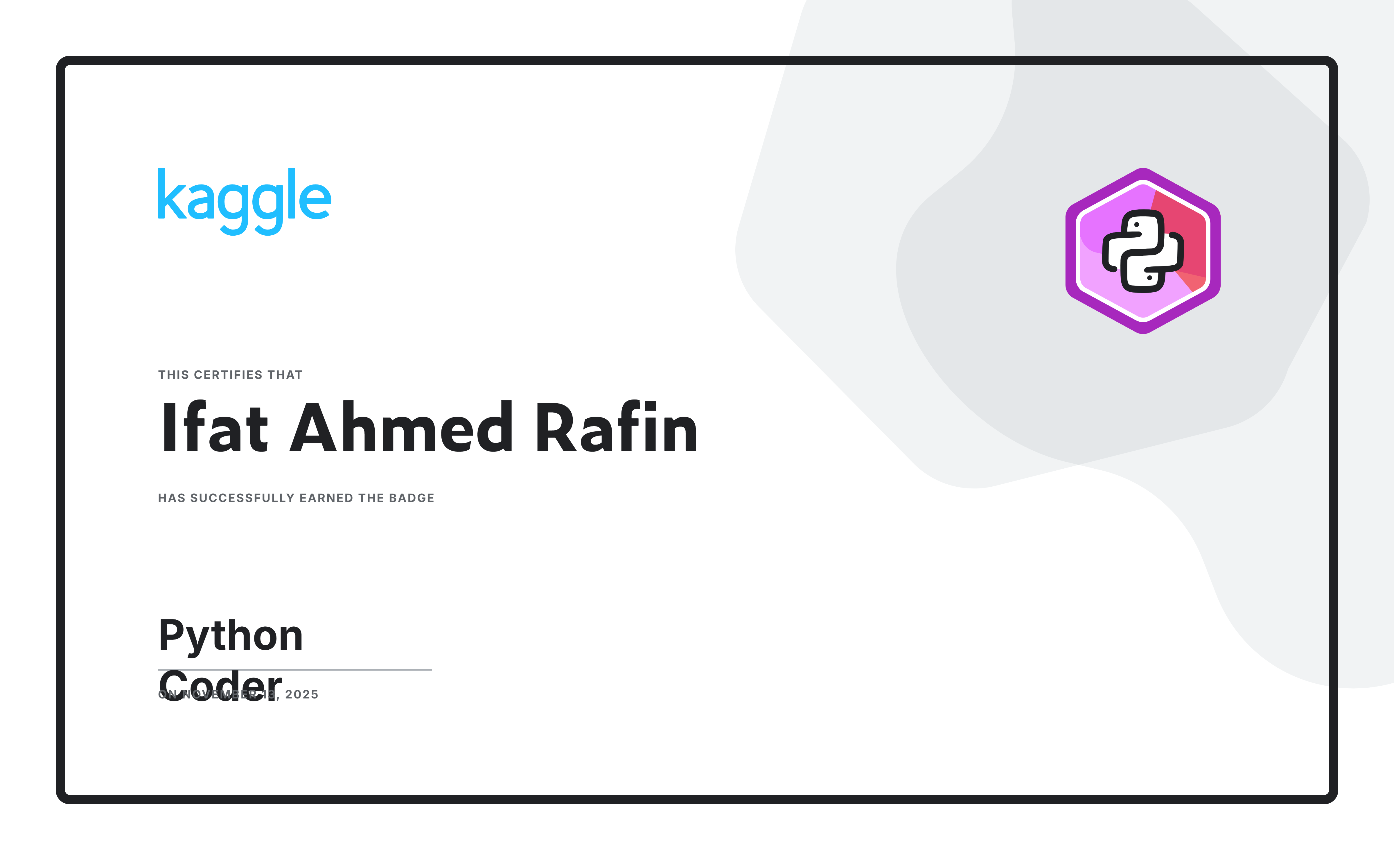 Python Coder Certificate With Kaggle